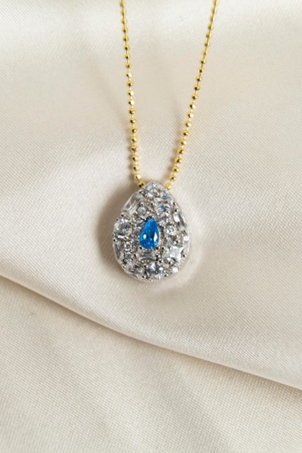 Zirkon Taşlı Damla Kolye, Mavi Damla Taşlı Kolye, Altın Kaplama Zincir 925 Ayar Gümüş
