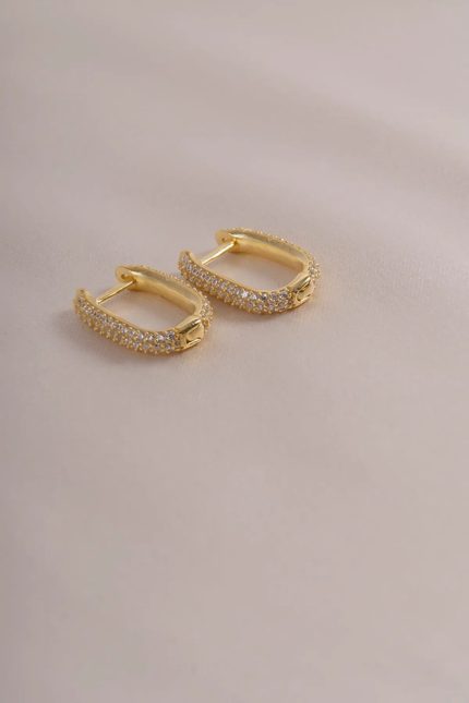 KOPYA - Zirkon Taşlı Oval Küçük Halka Küpe Gold Kaplama Anti Alerjik 925 Ayar Gümüş