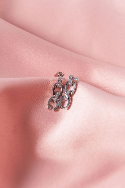 Zirkon Taşlı Zincirli Sallantılı Gümüş Küpe Silver 925 Ayar Gümüş