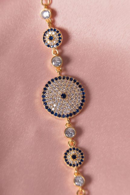 Zirkon Taşlı Nazar Boncuklu Gold Kaplama 925 Ayar Gümüş Bileklik