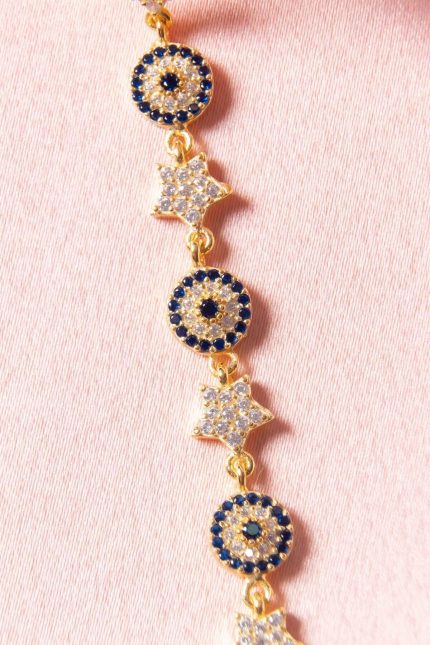 Zirkon Taşlı Yıldız ve Nazar Boncuklu Gümüş Bileklik Gold Kaplama Anti Alerjik 925 Ayar Gümüş