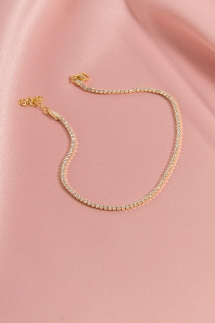 Zirkon Taşlı Su Yolu 925 Ayar Gümüş Halhal Gold Kaplama