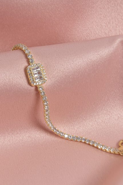 Zirkon Taşlı Su Yolu Gümüş Bileklik Gold Kaplama Anti Alerjik 925 Ayar Gümüş