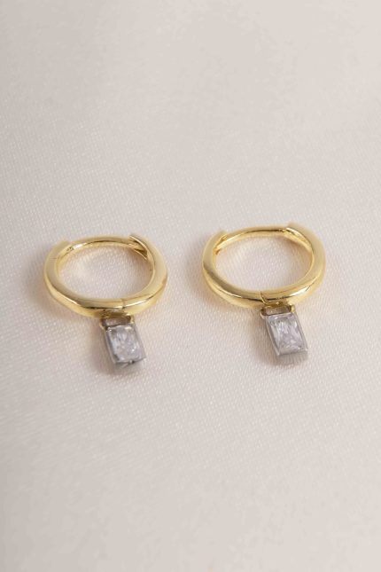Zirkon Taşlı Sallantılı Gümüş Halka Küpe Silver-gold Anti Alerjik 925 Ayar Gümüş