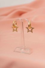 925 Ayar Gümüş Gold Kaplama Zirkon Taşlı Yıldızlı Halka Küpe Yıldız Küpe Gümüş Küpe - Görsel 6