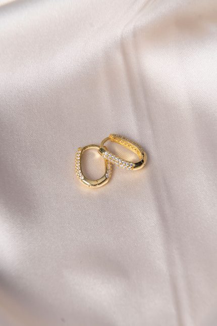 Zirkon Taşlı 925 Ayar Gümüş Üzeri Gold Kapama Oval Halka Küpe, Küçük Boy Oval Küpe, Anti Alerjik