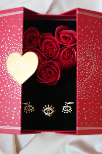 925 Ayar Gümüş Göz Yüzük Mavi Zirkon Taşlı Yüzük Gözlü Yüzük ve Küpe Seti